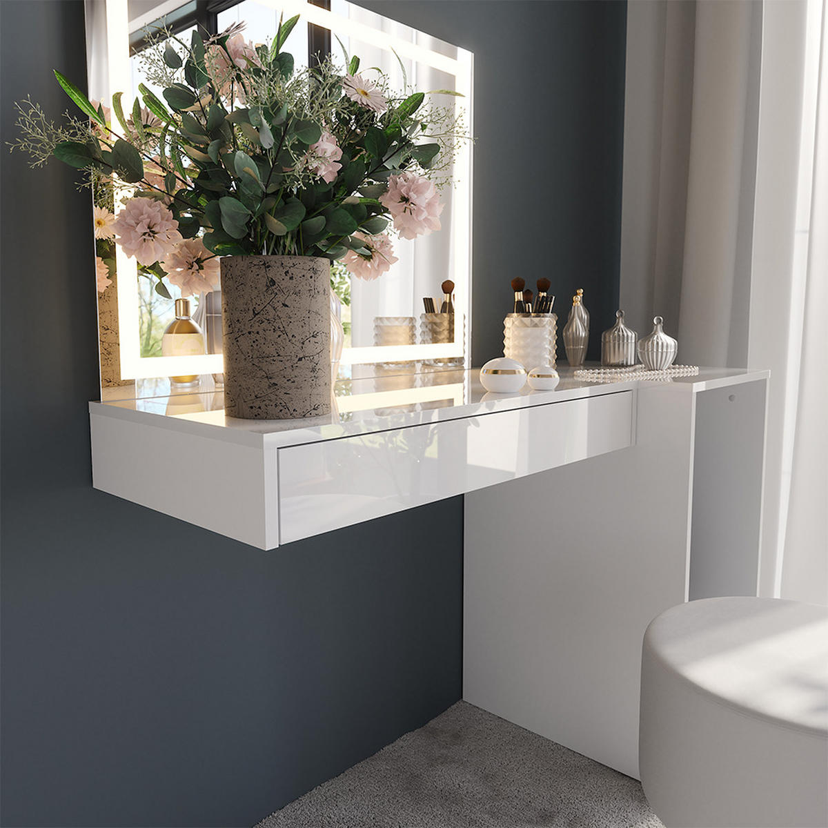 SCHMINKTISCH Sherry Weiß/Weiß Hochglanz 120 cm 4 Teile - Weiß Hochglanz, Holzwerkstoff (120/76/50.1cm) - Vicco