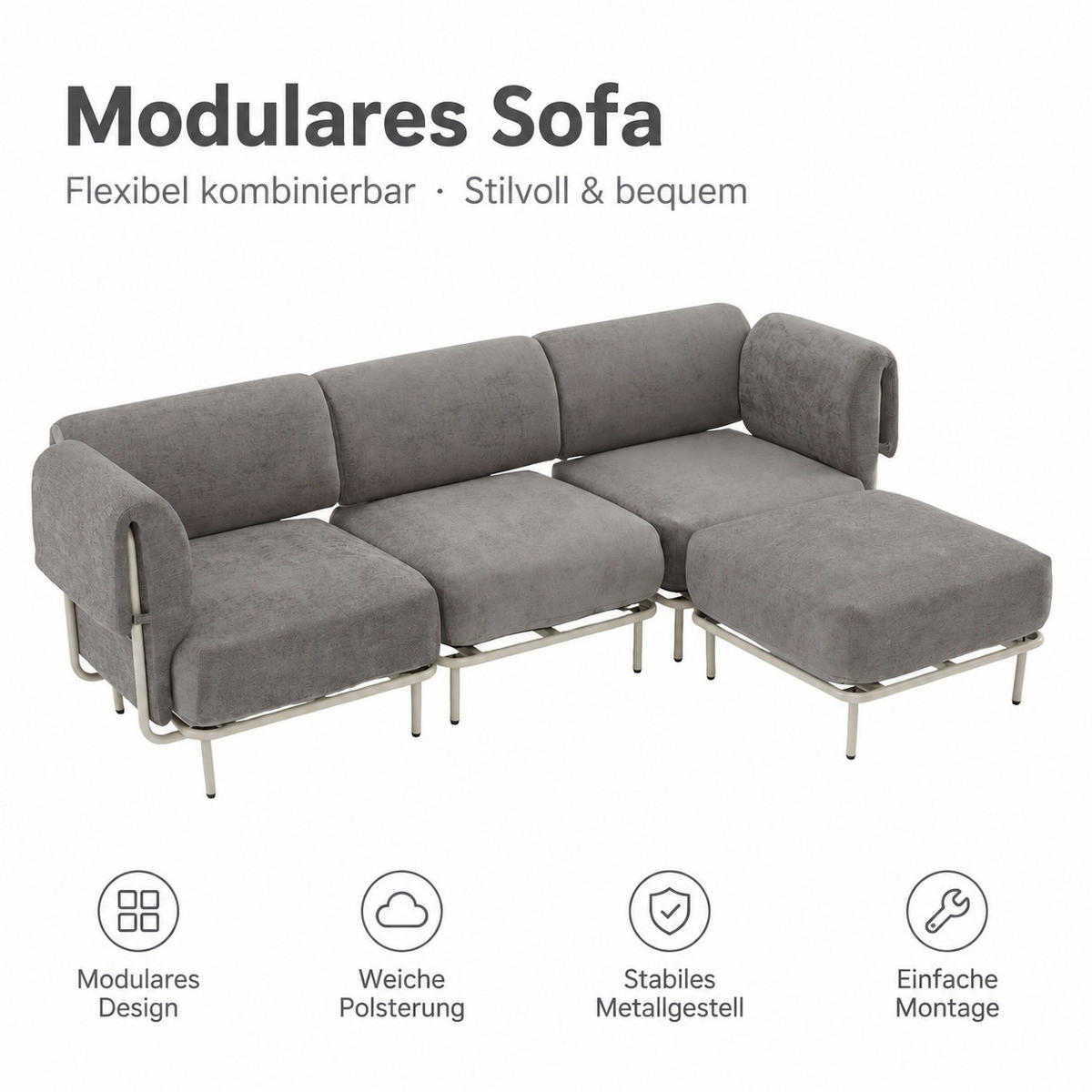 ECKSOFA 251/155/78 cm Grau Chenille mit 1 Fußhocker - Grau, Textil (155/251cm) - Oxeza