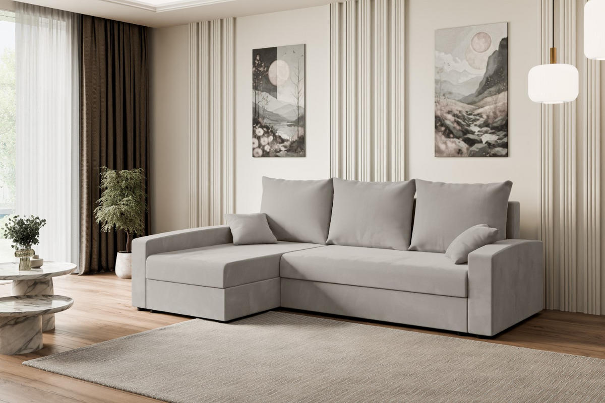 ECKSOFA mit Schlaffunktion und Bettkasten ALESIA-L 231x140x90 cm Hellbraun Velours - Hellbraun/Silberfarben, Holzwerkstoff/Kunststoff (231/140cm) - ALTDECOR