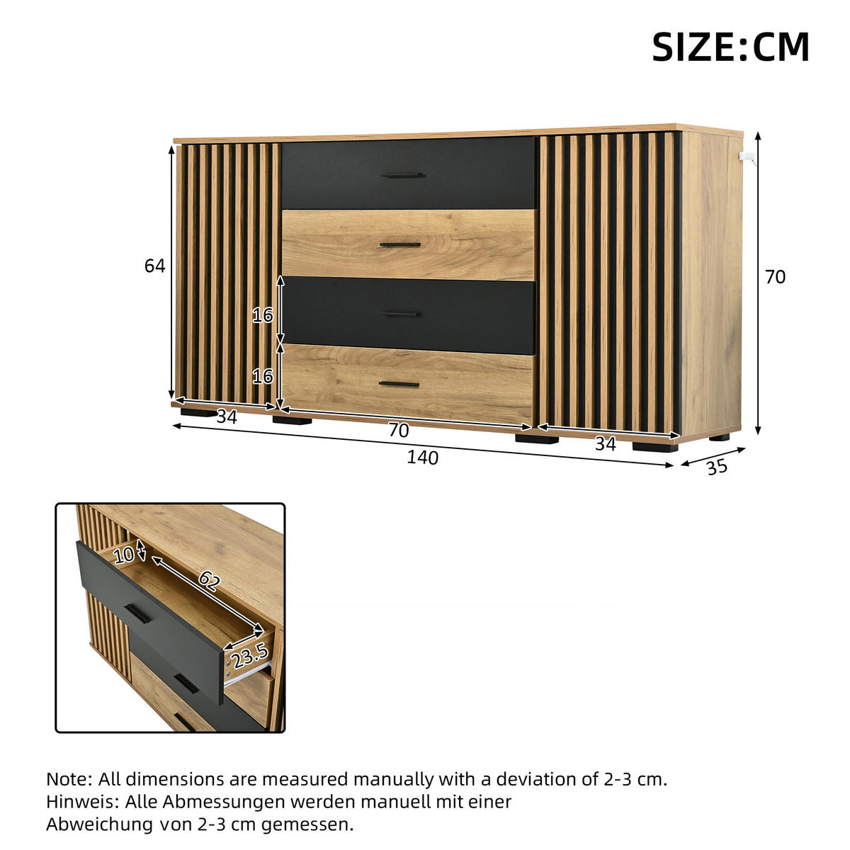 SIDEBOARD 140x35x70cm Eiche Schwarz mit 4 Schubladen - Schwarz, Holzwerkstoff (140/70/35cm) - FLIEKS