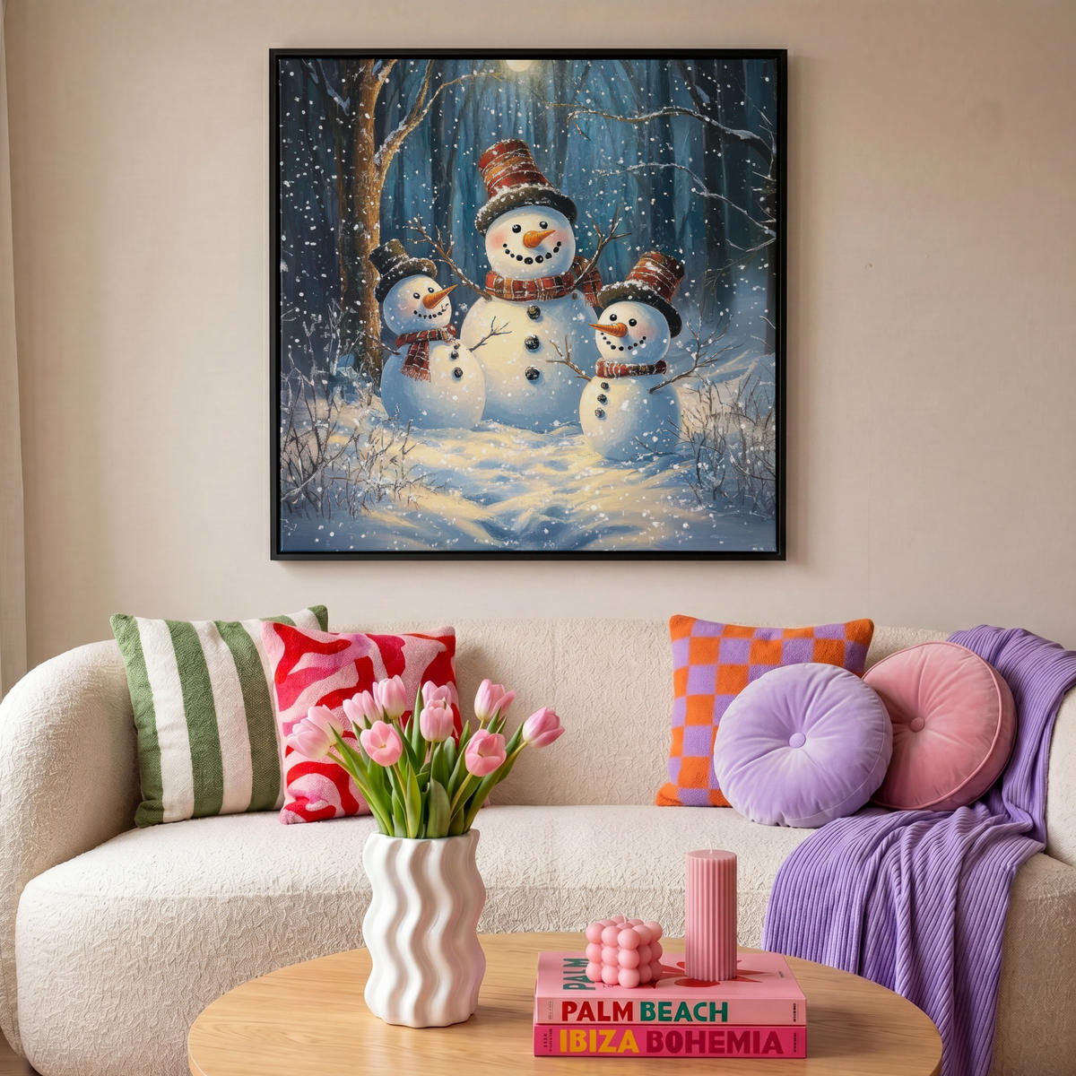 LEINWAND Bilder mit Rahmen - Schneemann - Schnee - Winter - Wald - 90x90 - Hellblau, Textil (90/90cm) - MuchoWow