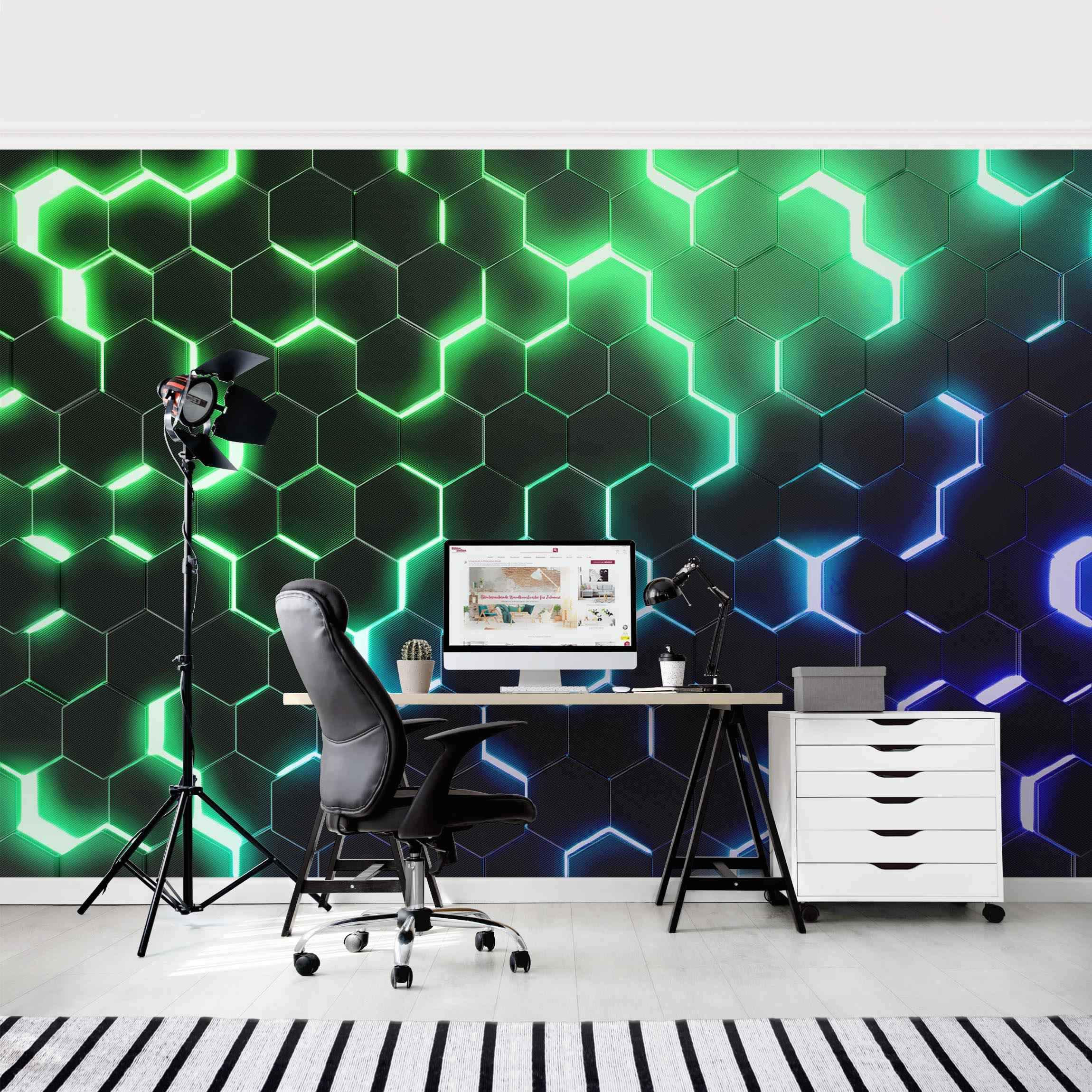 FOTOTAPETE Strukturierte Hexagone mit Neonlicht in Grün und Blau 384/255 cm - Schwarz, Papier (384/255cm) - Bilderwelten