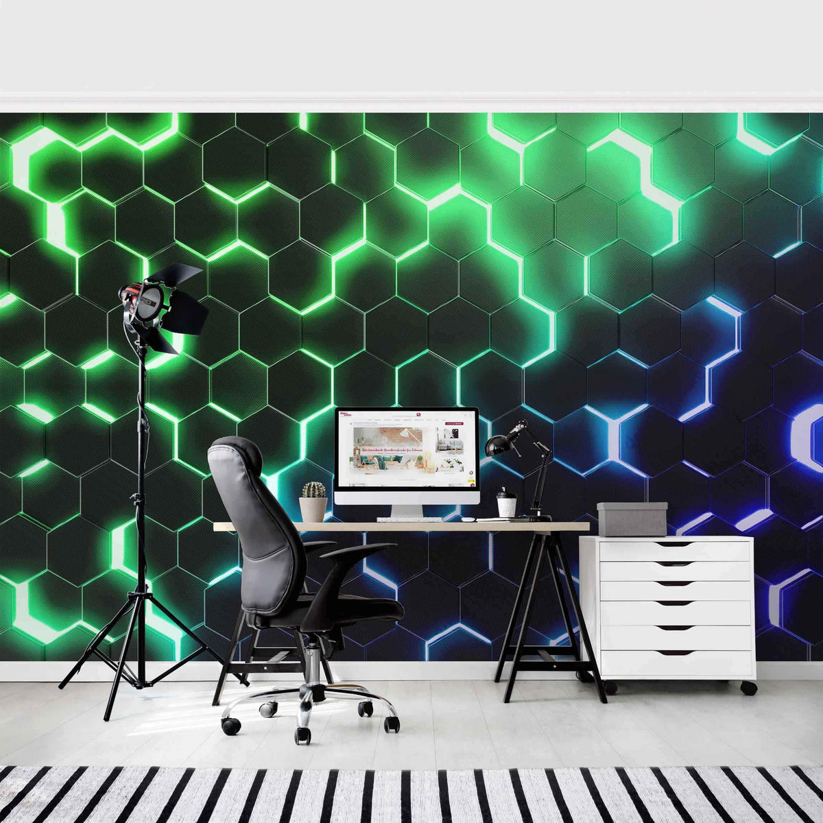 FOTOTAPETE Strukturierte Hexagone mit Neonlicht in Grün und Blau 432/290 cm - Schwarz, Papier (432/290cm) - Bilderwelten