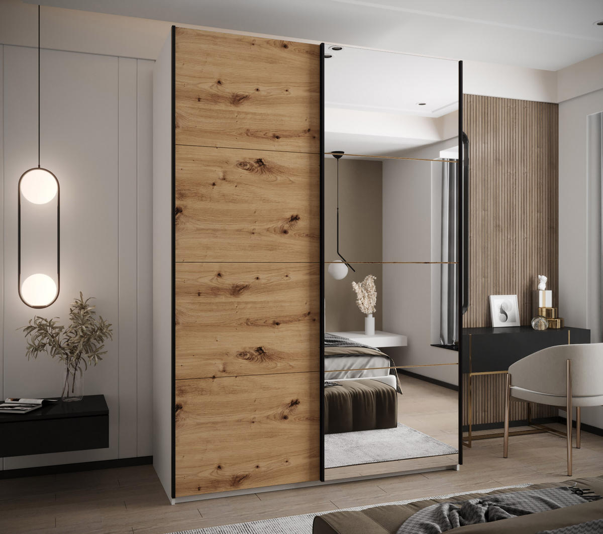 SCHWEBETÜRENSCHRANK 245,5/180/64 2-türig - Schwarz/Weiß, Holz/Metall (180/245/64cm) - Abiks Möbel