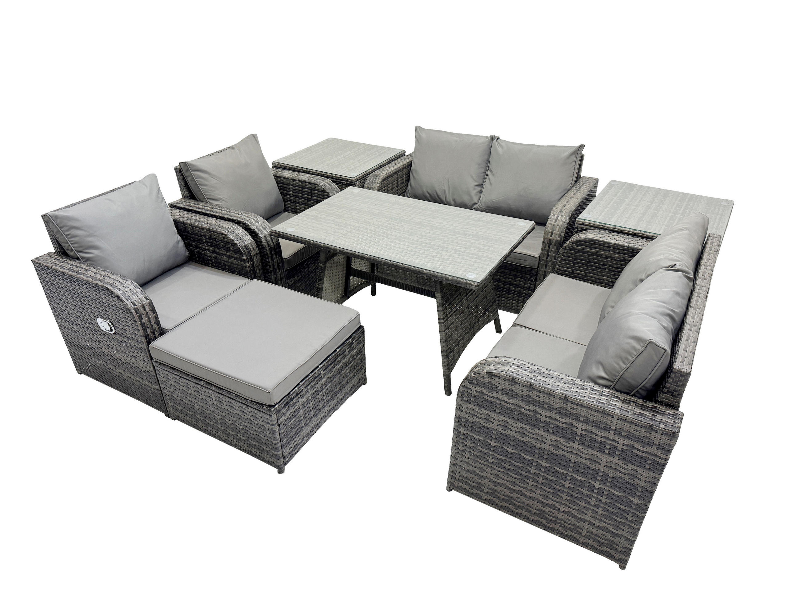 BALKONSET mit ESSTISCH SOFA Polyrattan Dunkelgrau 7-Sitzer - Dunkelgrau/Grau, Glas/Kunststoff - Fimous