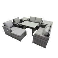 BALKONSET mit ESSTISCH SOFA Polyrattan Dunkelgrau 7-Sitzer - Dunkelgrau/Grau, Glas/Kunststoff - Fimous
