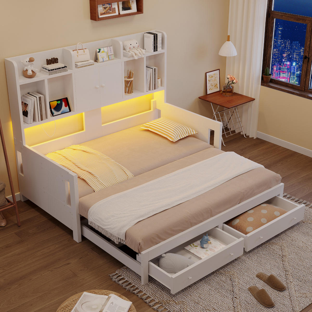 BETT 90/180×190 cm in Weiß mit Stauraum und LED-Beleuchtung - Weiß, Holz (180/190cm) - Flora Grace