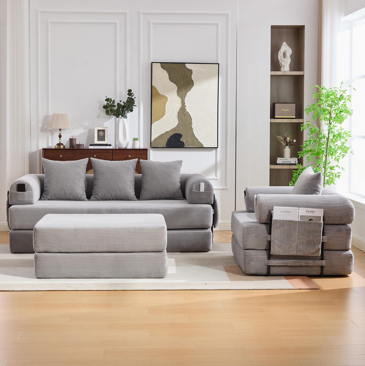 ECKSOFA aus Cord 200x94x67 cm Hellgrau mit Hocker, Metallrahmen und Seitentasche - Hellgrau, Textil (200/190cm) - Modfu