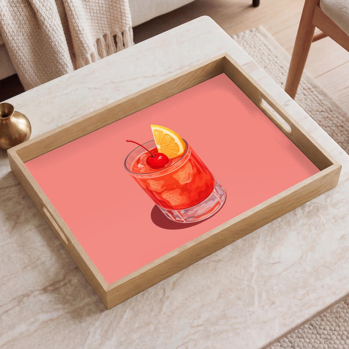 SERVÍROVACÍ PODNOS Sklenice - Kostky ledu - Citron - Třešeň 50x35 cm - růžová, dřevo (50/5/5cm) - OnlyWow