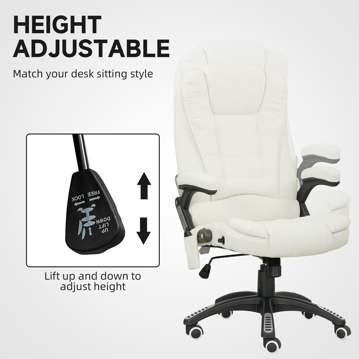MASSAGESESSEL Chefsessel Gamingstuhl Drehstuhl Massagebürostuhl Cremeweiß - Schwarz/Weiß, Kunststoff/Textil (74/116/67cm) - Vinsetto