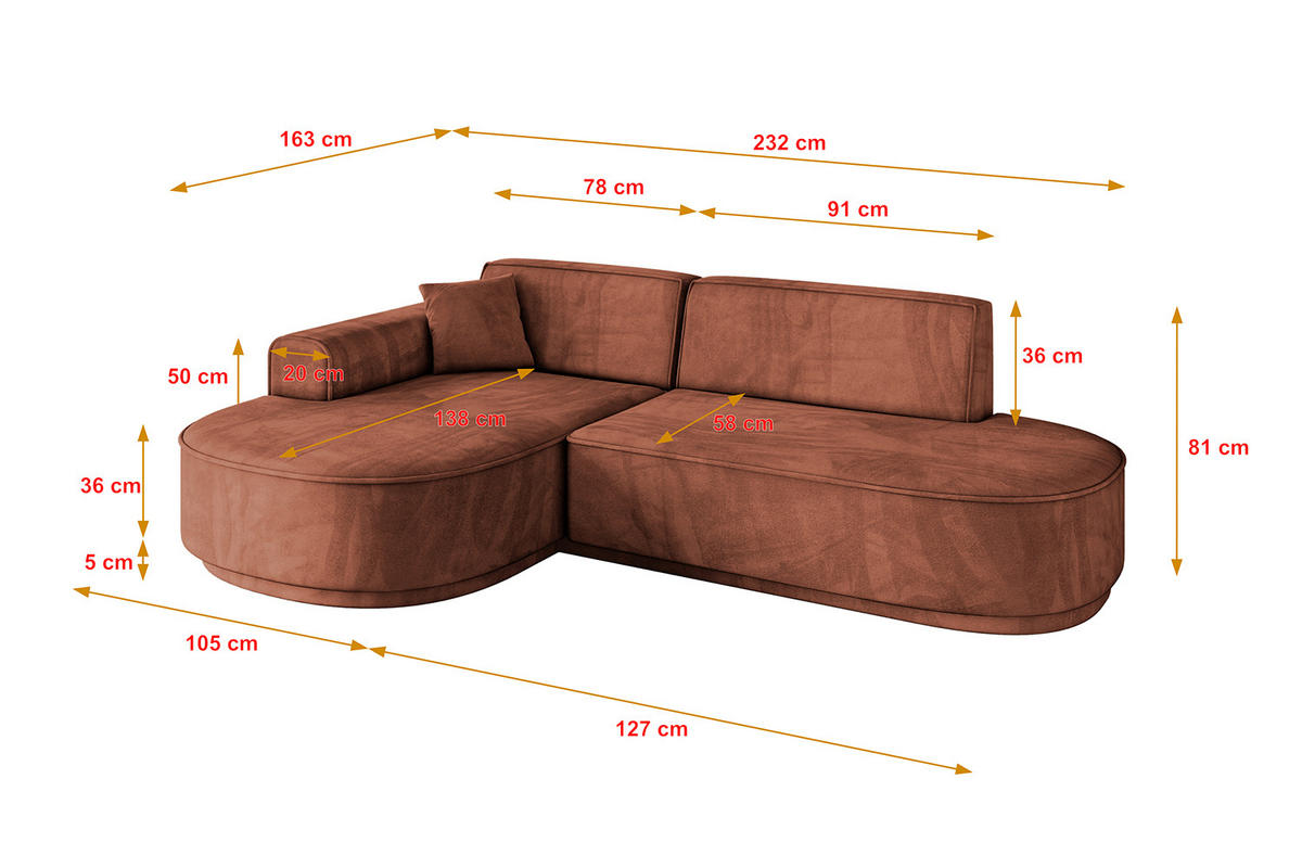 ECKSOFA Ottomane Links MARI-L1-v3 - 232x163x81 cm Koralle Velours - Koralle/Schwarz, Holzwerkstoff/Kunststoff (232/163cm) - ALTDECOR