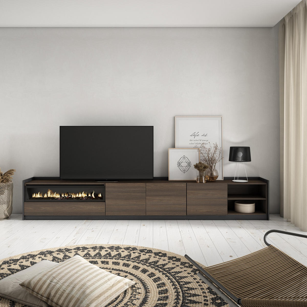 TV-SCHRANK, Lowboard, Dunkler Eiche und Schwarz, Elektrokamin, 310/37/50cm - Dunkelbraun, Holzwerkstoff (310/50/37cm) - Skraut Home