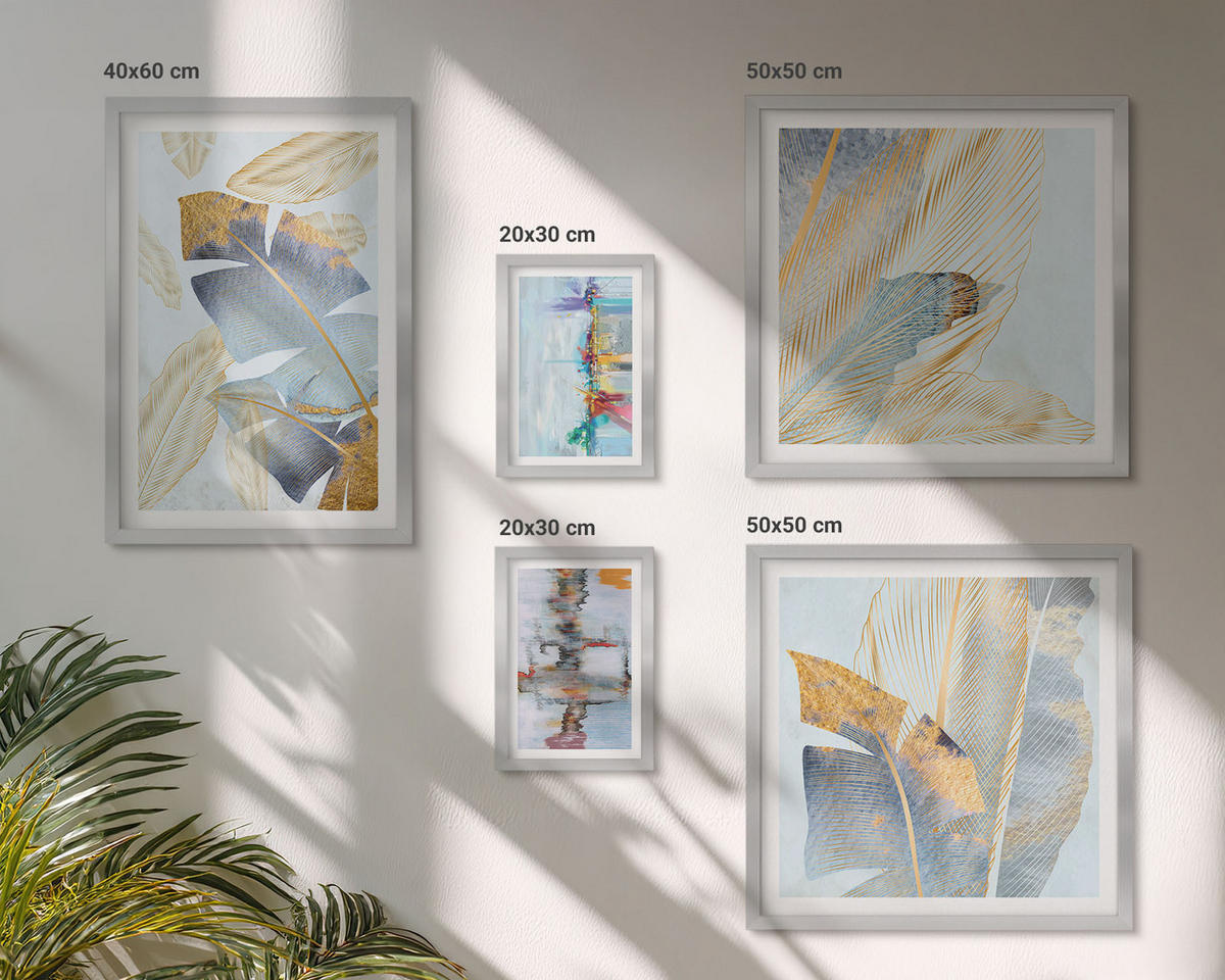 BILDER SET 5er Set - 50x50 cm & 20x30 cm & 40x60 cm Silberner Rahmen - abstrakte Muster in Blautönen - Silberfarben, Kunststoff (40/60cm) - TULUP