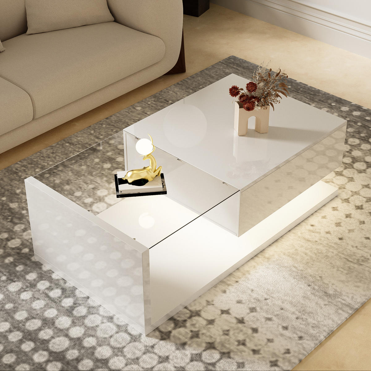 COUCHTISCH 105/55/32,5 cm hochglänzend weiß mit Glasplatte und LED-Beleuchtung - Weiß, Holzwerkstoff (105/55/32.5cm) - OKWISH