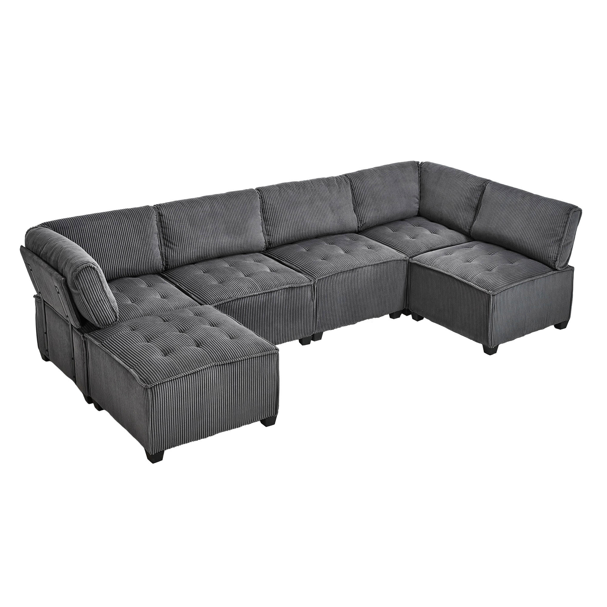 WOHNLANDSCHAFT 6-Sitzer Cord Grau mit Seitentaschen - Grau, Holzwerkstoff/Kunststoff (308/82/154cm) - WISHDOR