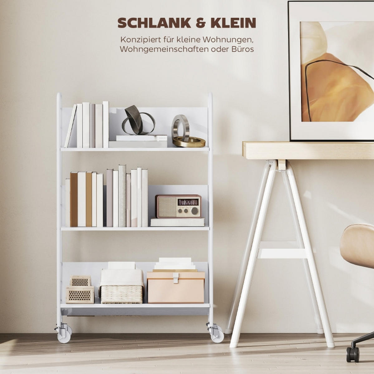 BÜCHERREGAL 69/26/108 cm, 3 Ebenen, aus Metall, mit Rollen, Weiß - Weiß, Metall (69/108/26cm) - BEAOK