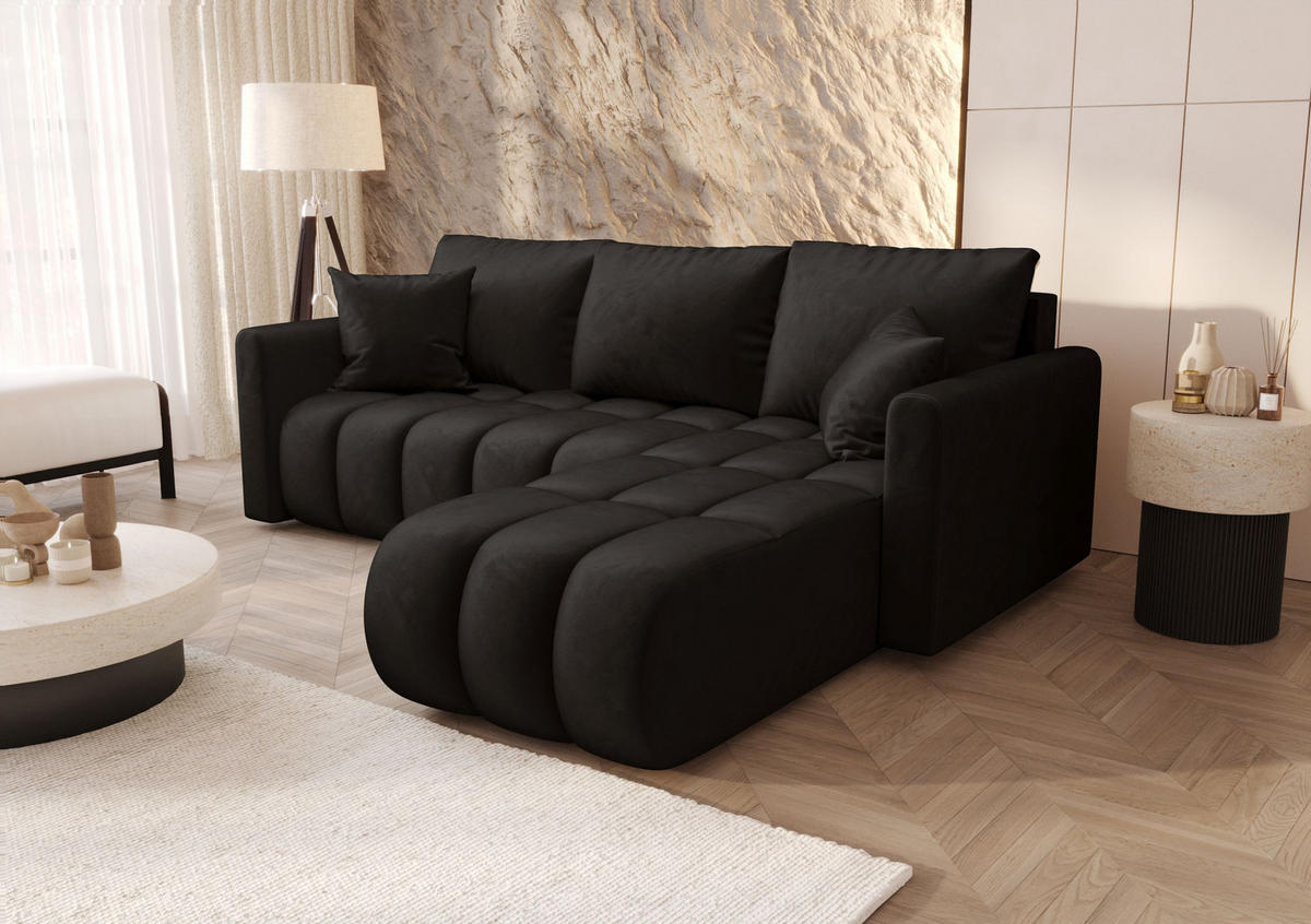 ECKSOFA GARDA rechts schwarz Velours Monolith 97 - Schlaffunktion, Bettkasten - Schwarz, Textil (230/149cm) - Cornero