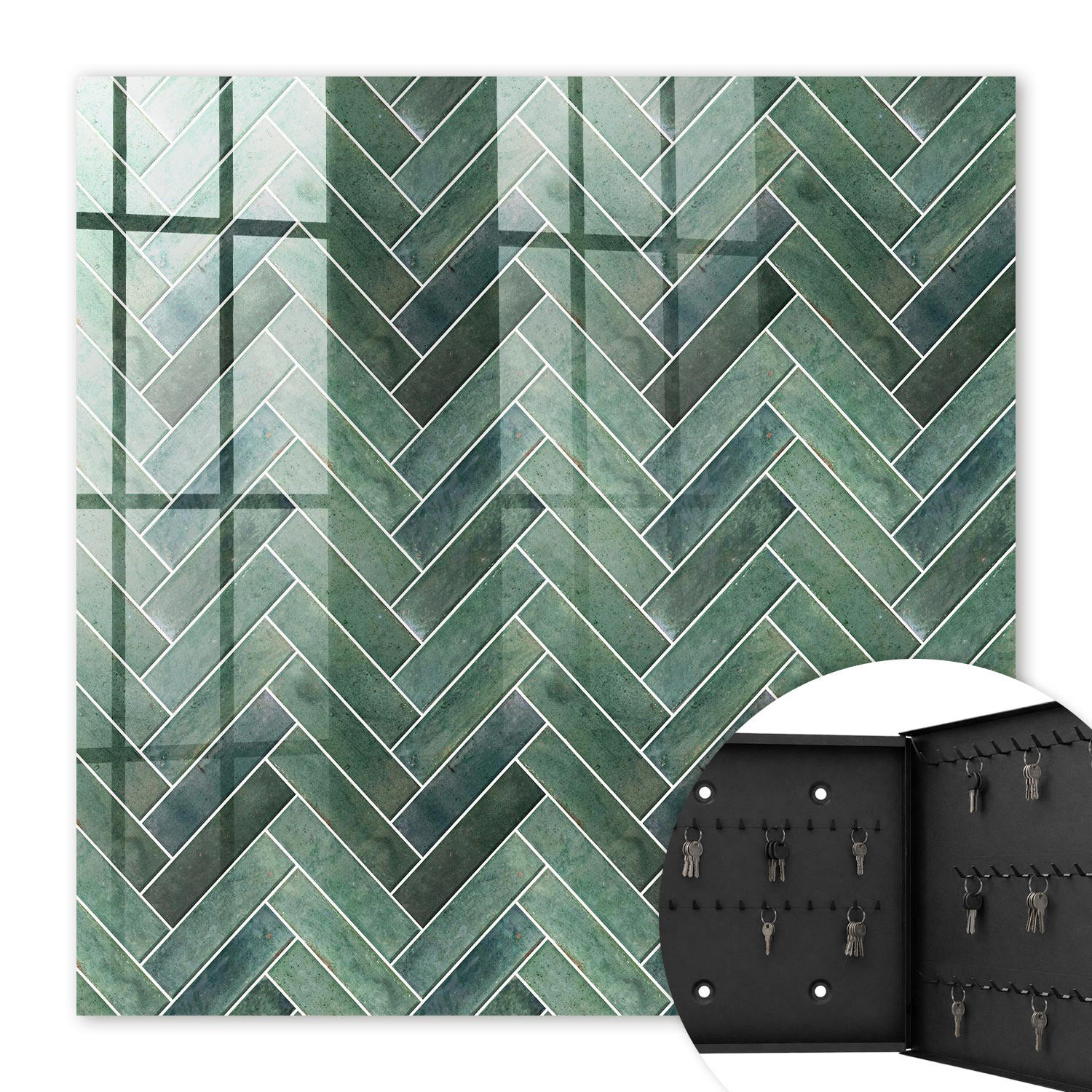 SCHLÜSSELBOX Schwarz 30x30 cm- Türöffnung nach rechts - Grünes Fischgrätmuster - Grün, Metall (30/30/5cm) - TULUP