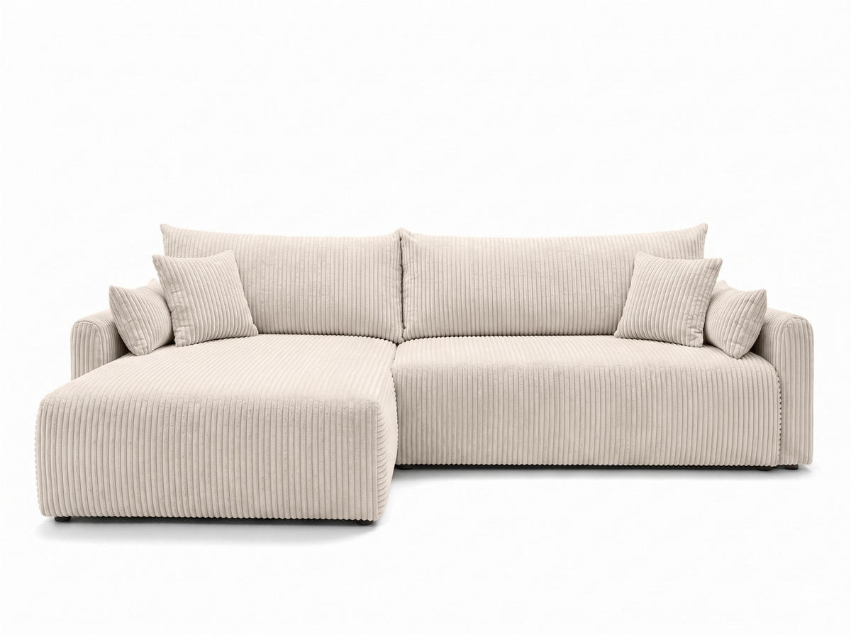 ECKSOFA Mit Schlaffunktion, Cordstoff Poso, Beige, Links, JAPANDI - Creme, Holz (262/145cm) - Kaiser Möbel
