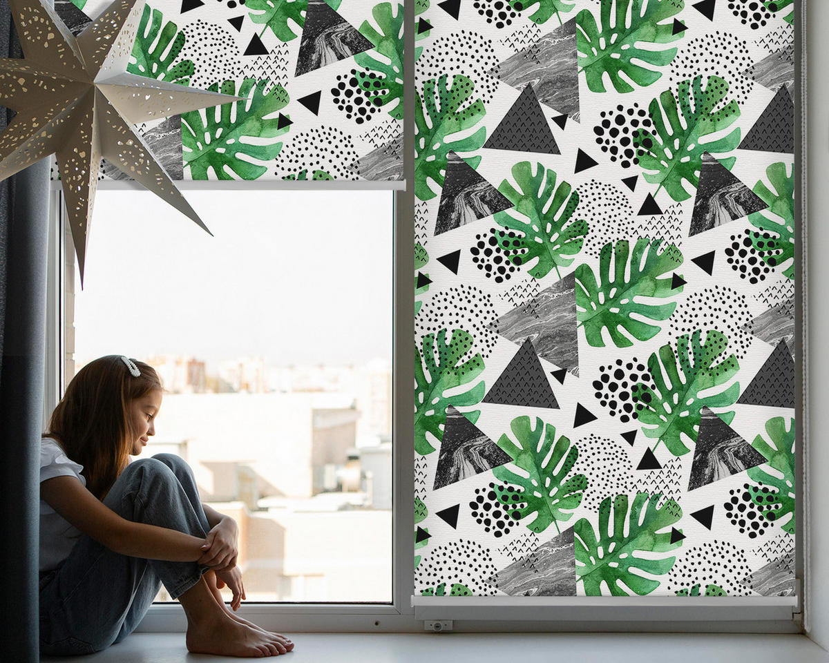 VNÚTORNÁ roleta - okenná roleta - roleta - 130x140 cm - Listy Trojuholníky Bodky - zelená, plast (130/140/0.5cm) - TULUP