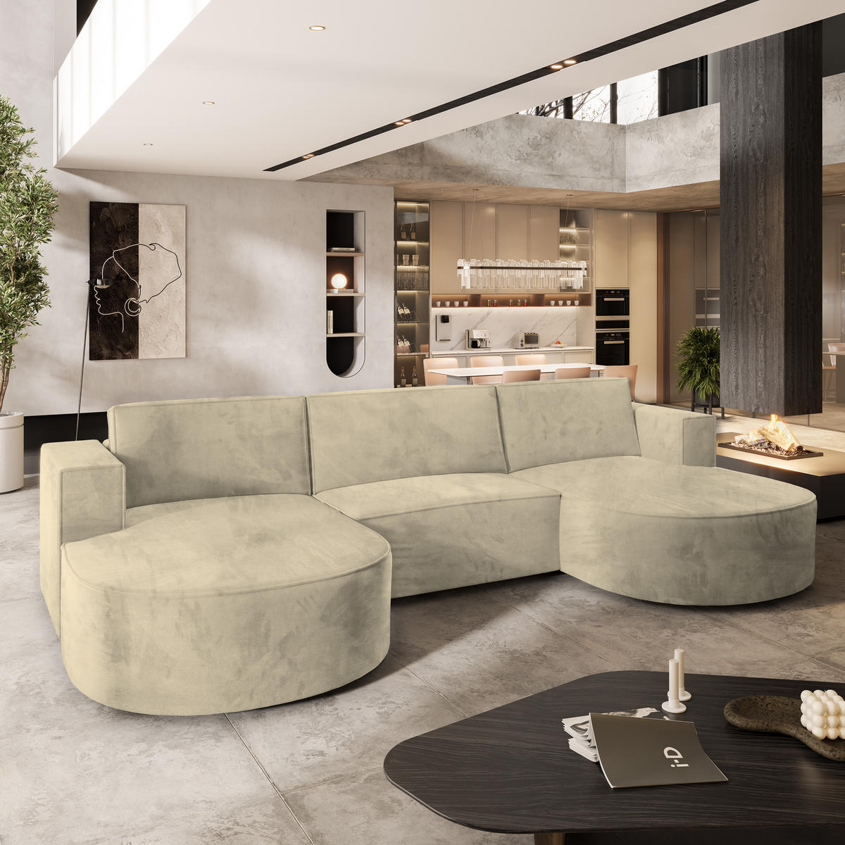 WOHNLANDSCHAFT VEZZO M Creme Velours-Stoff mit Schlaffunktion - Creme, Holz (347/85/174cm) - MASSENO