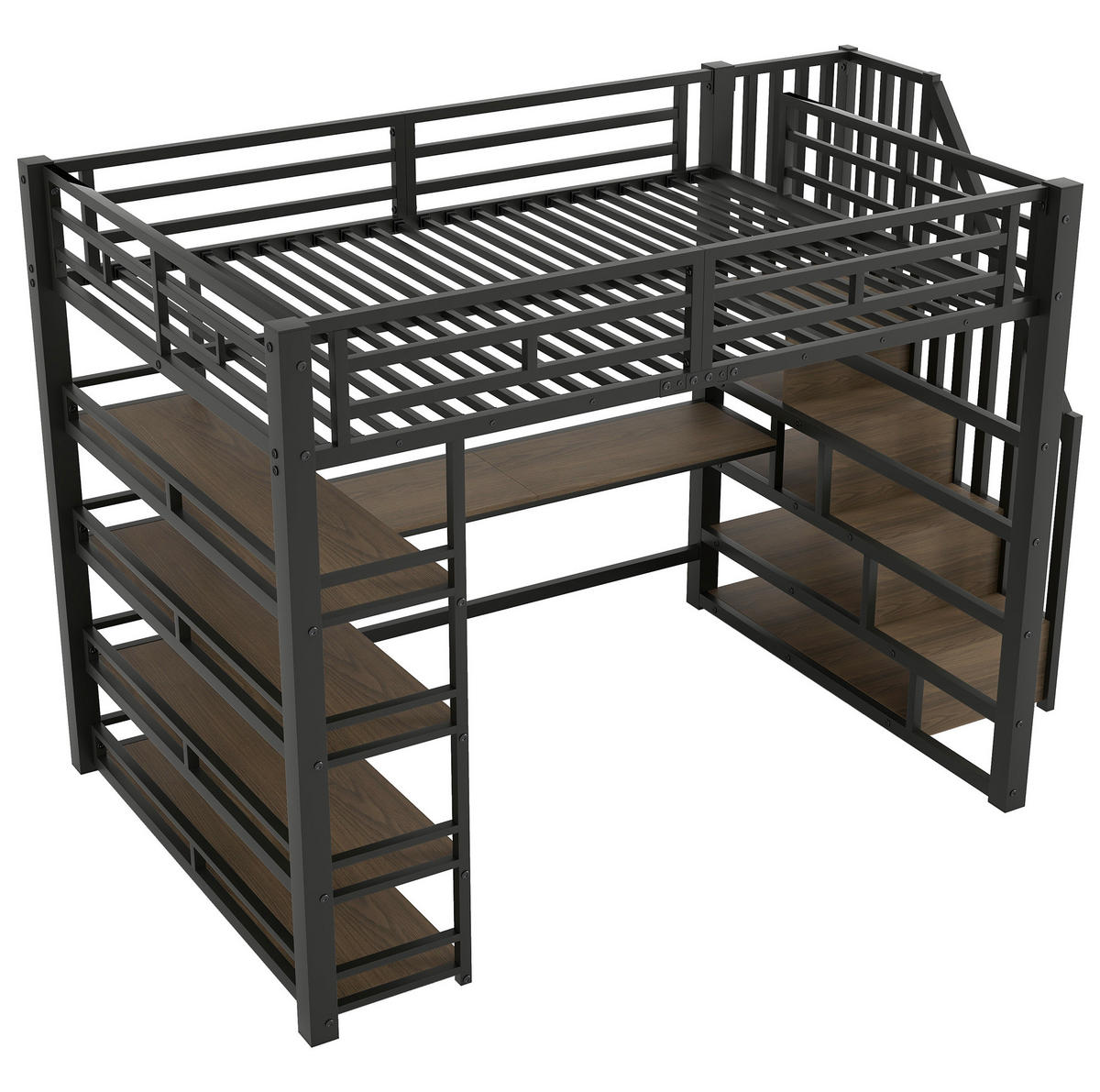 VYVÝŠENÁ posteľ 140/200 cm čierna z kovu a MDF s písacím stolom, schodmi, policami, LED osvetlením a USB - čierna, kompozitné drevo (140/200cm) - OKWISH