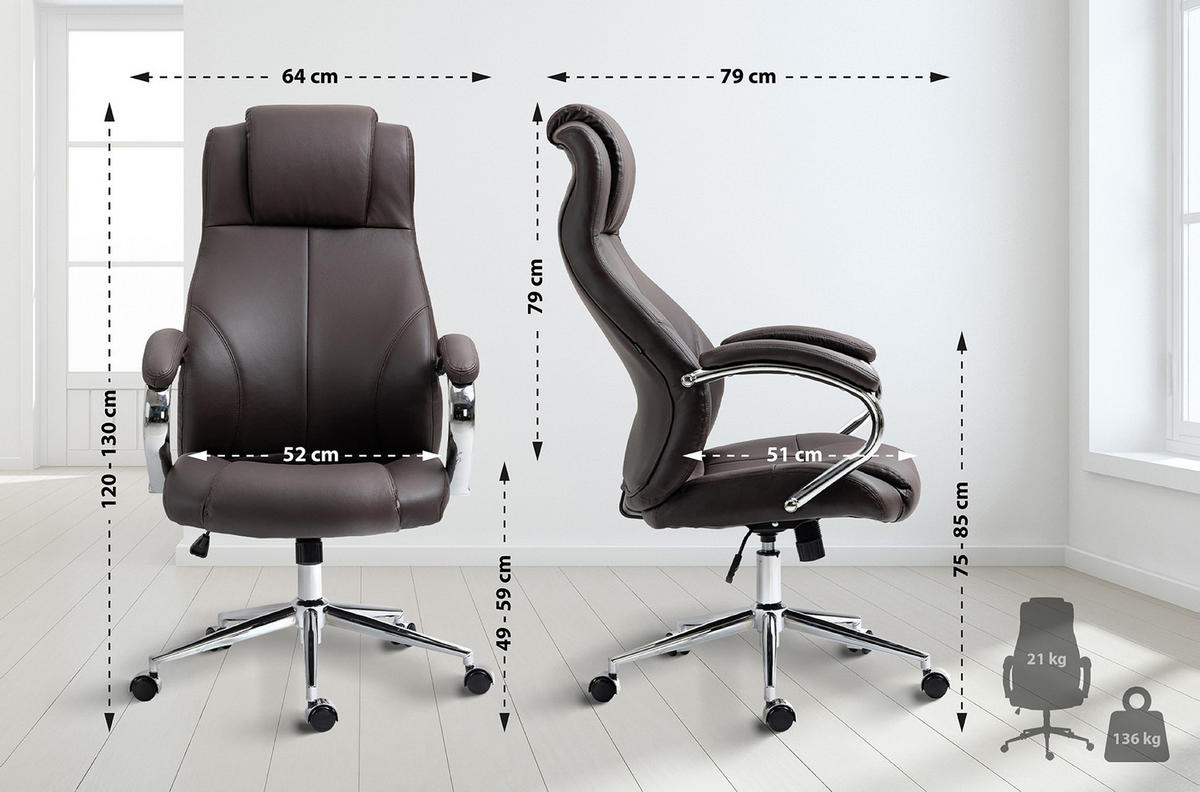 BÜROSTUHL Kyron Echtleder braun - Chromfarben/Braun, Leder/Metall (64/130/79cm) - TPFLiving