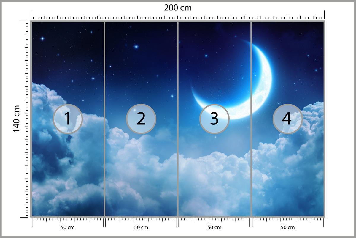 FOTOTAPETE für Schlafzimmer Himmel Wolken Mond Sterne 200x140 - Blau/Dunkelblau, Papier (200/140cm) - Muralo