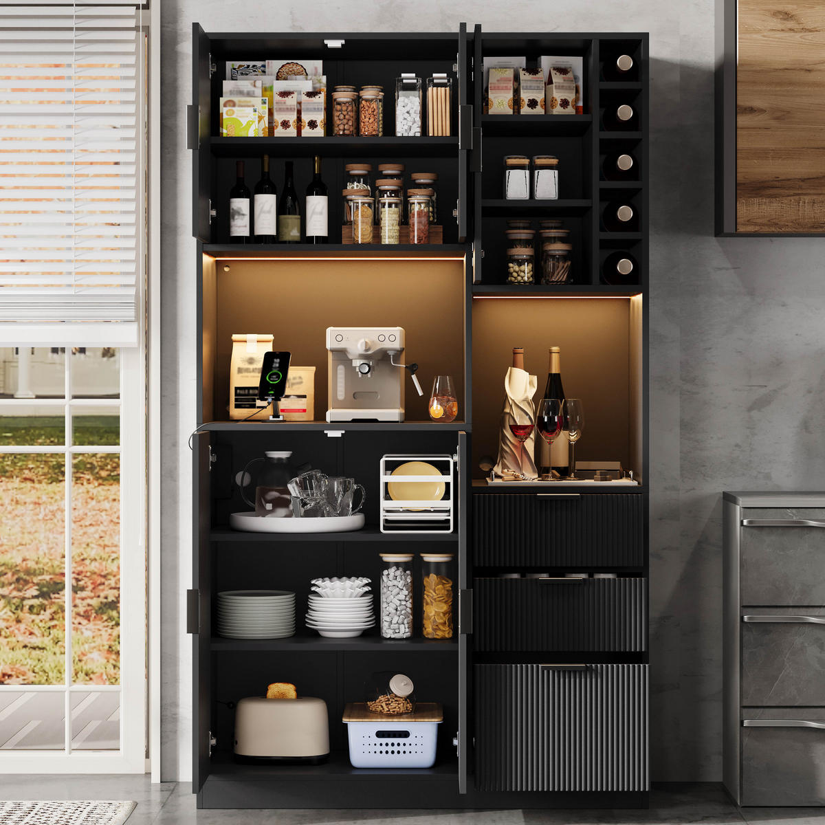 BUFFET 105/40/180 cm Schwarz mit 3 Schubladen, Weinregal und farbwechselnder LED-Beleuchtung - Schwarz, Holz (105/180/40cm) - Oxeza