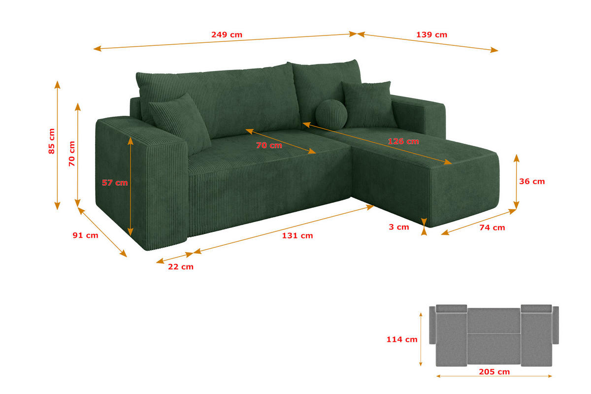 ROHOVÁ SEDAČKA s funkcí spaní, otoman vpravo SENO-L 249x139x85 zelená manšestr - černá/tmavě zelená, kompozitní dřevo/textil (249/139cm) - ALTDECOR