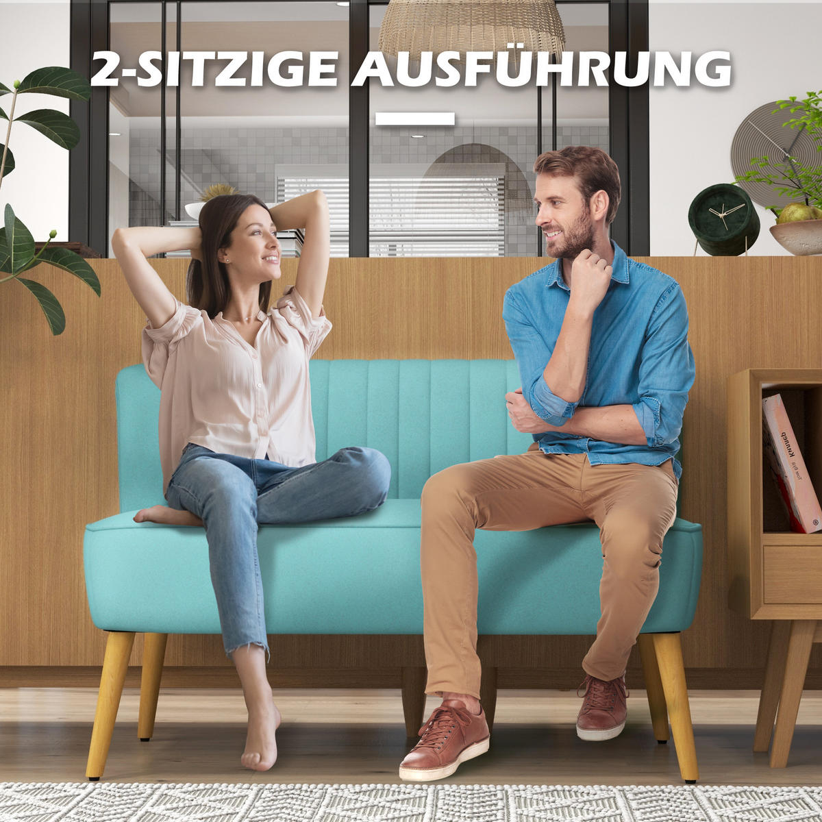 2-SITZER Sofa Zweisitzer, Loveseat mit Leinenoptik, Doppelsofa mit Holzbeine - Hellgrün/Naturfarben, Holz/Textil (56.5/77/117cm) - HOMCOM