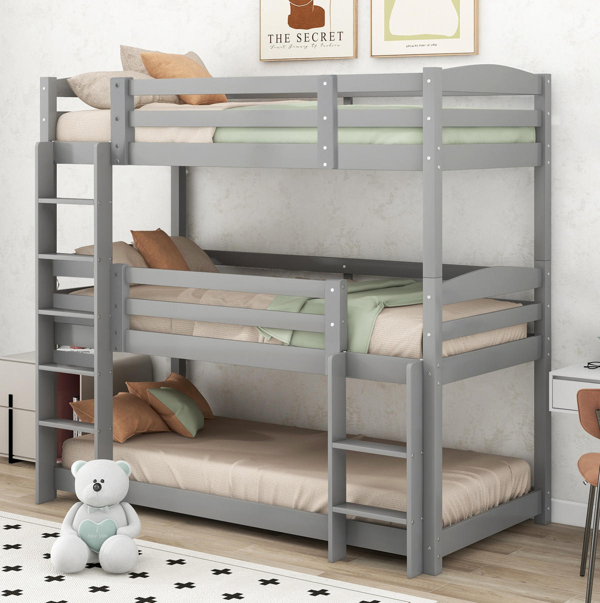 ETAGENBETT 90/200 cm aus Kiefernholz in Grau, dreifach nutzbar - Grau, Holz (90/200cm) - OKMYHOME
