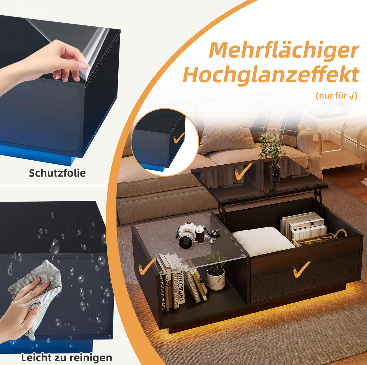 COUCHTISCH 100/50/33 cm schwarz aus Spanplatte mit höhenverstellbarer Platte und Stauraum - Schwarz, Holzwerkstoff (100/50/33cm) - OKMYHOME