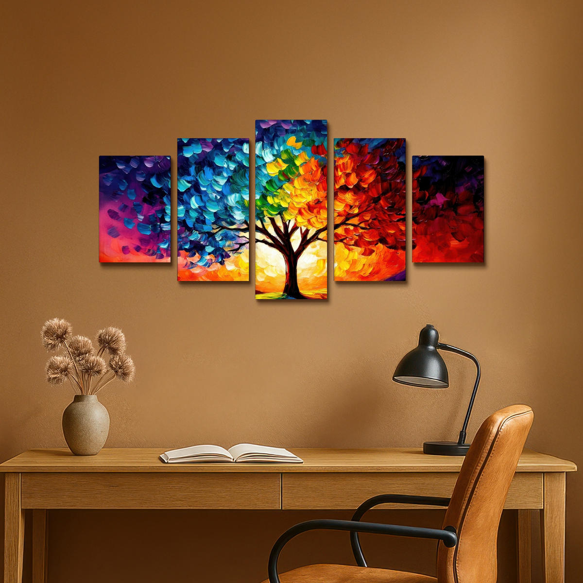 LEINWANDBILD 5er Set Baum - Farbenfroh - Malerei-Look - Abstrakt 100x50 cm - Multicolor, Textil (100/50cm) - MuchoWow