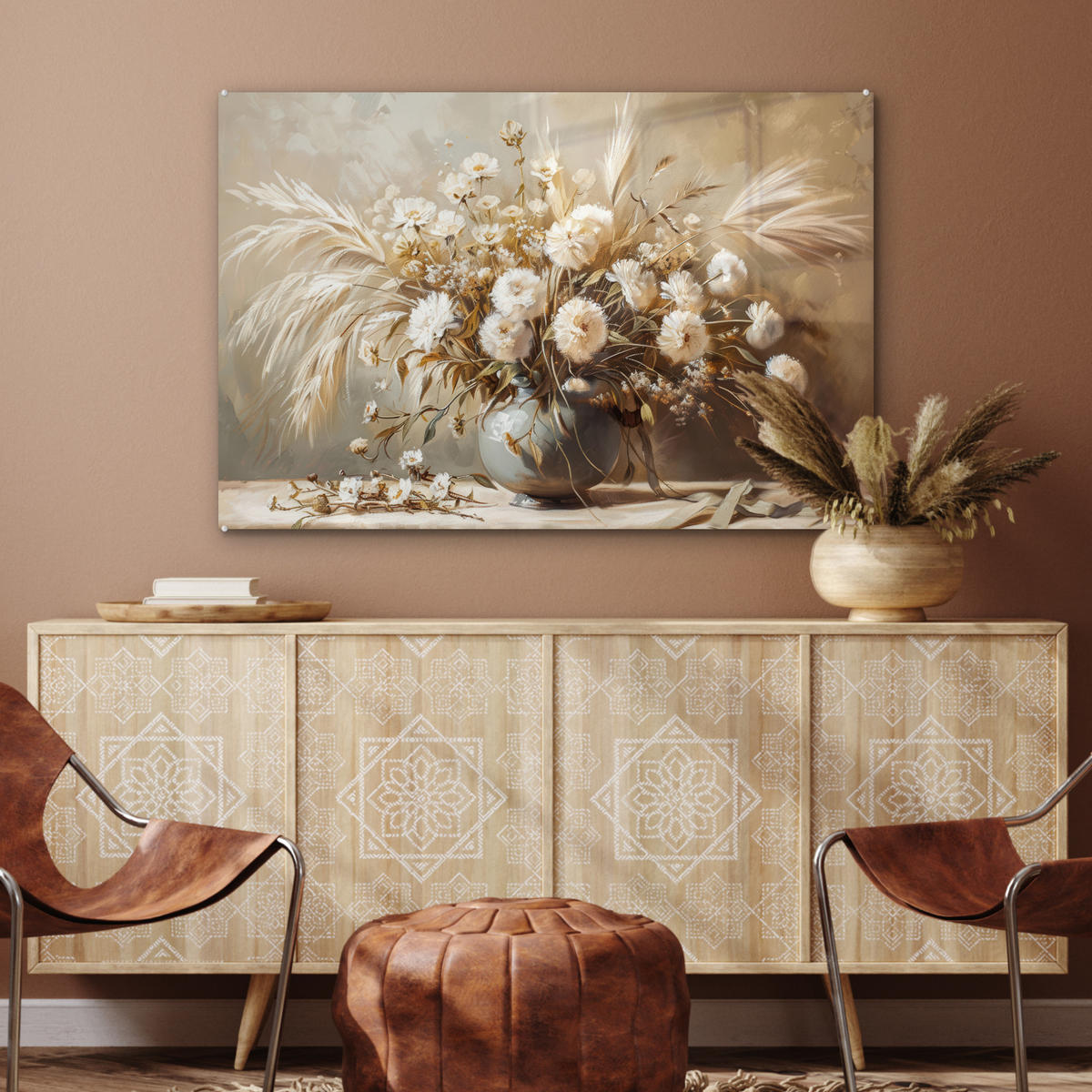 ACRYLGLASBILD Blumen - Vase - Stilleben - Beige 90x60 cm - Creme, Glas (90/60cm) - MuchoWow