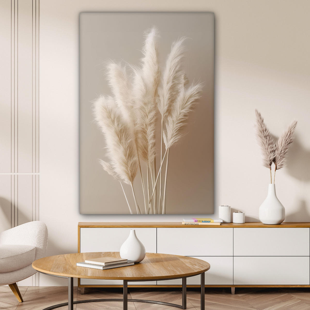 LEINWANDBILD Pampasgras - Federn - Pastell - Weiß 80x120 cm - Naturfarben, Textil (80/120cm) - MuchoWow