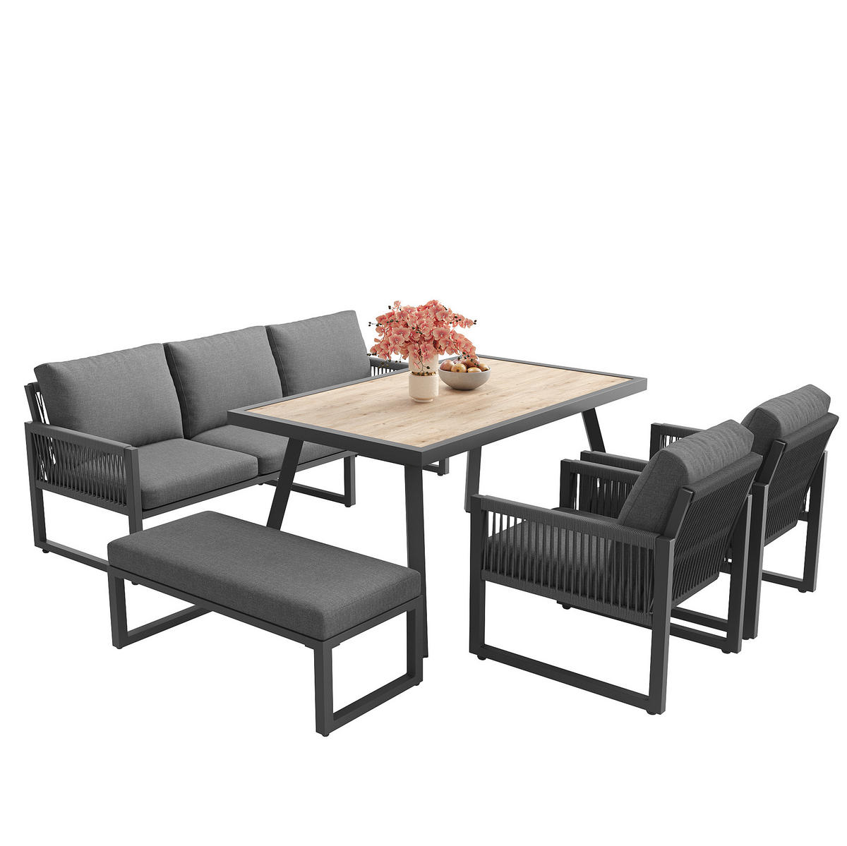 GARTENLOUNGE 184/64/80 cm grau aus Metall, Glas und Polyester mit Tisch und Kissen - Grau, Metall - OKWISH