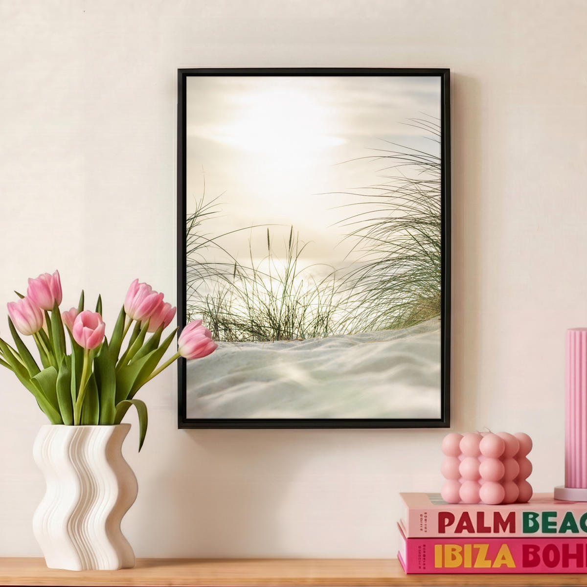 LEINWAND Bilder mit Rahmen - Dünen mit Strandhafer in der Sonne des Nationalparks Schleswig-Holsteinisches Wattenmeer - 30x40 - Creme, Textil (30/40cm) - MuchoWow