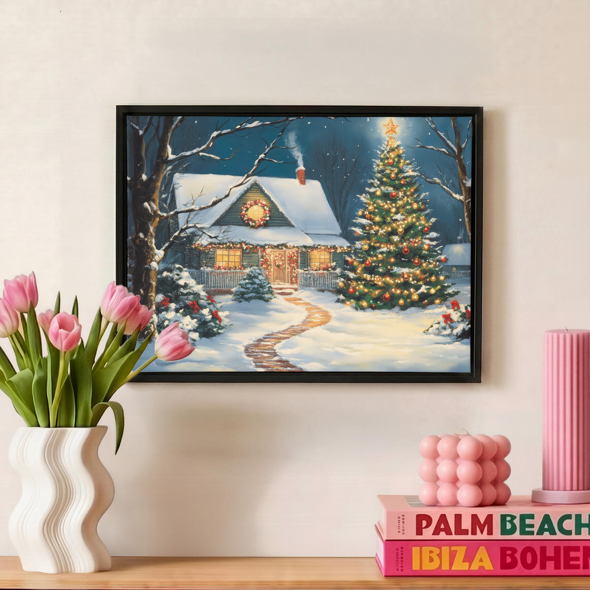 LEINWAND Bilder mit Rahmen - Weihnachten - Weihnachtsbaum - Winter - Zuhause - Schnee - 40x30 - Smaragdgrün, Textil (40/30cm) - MuchoWow