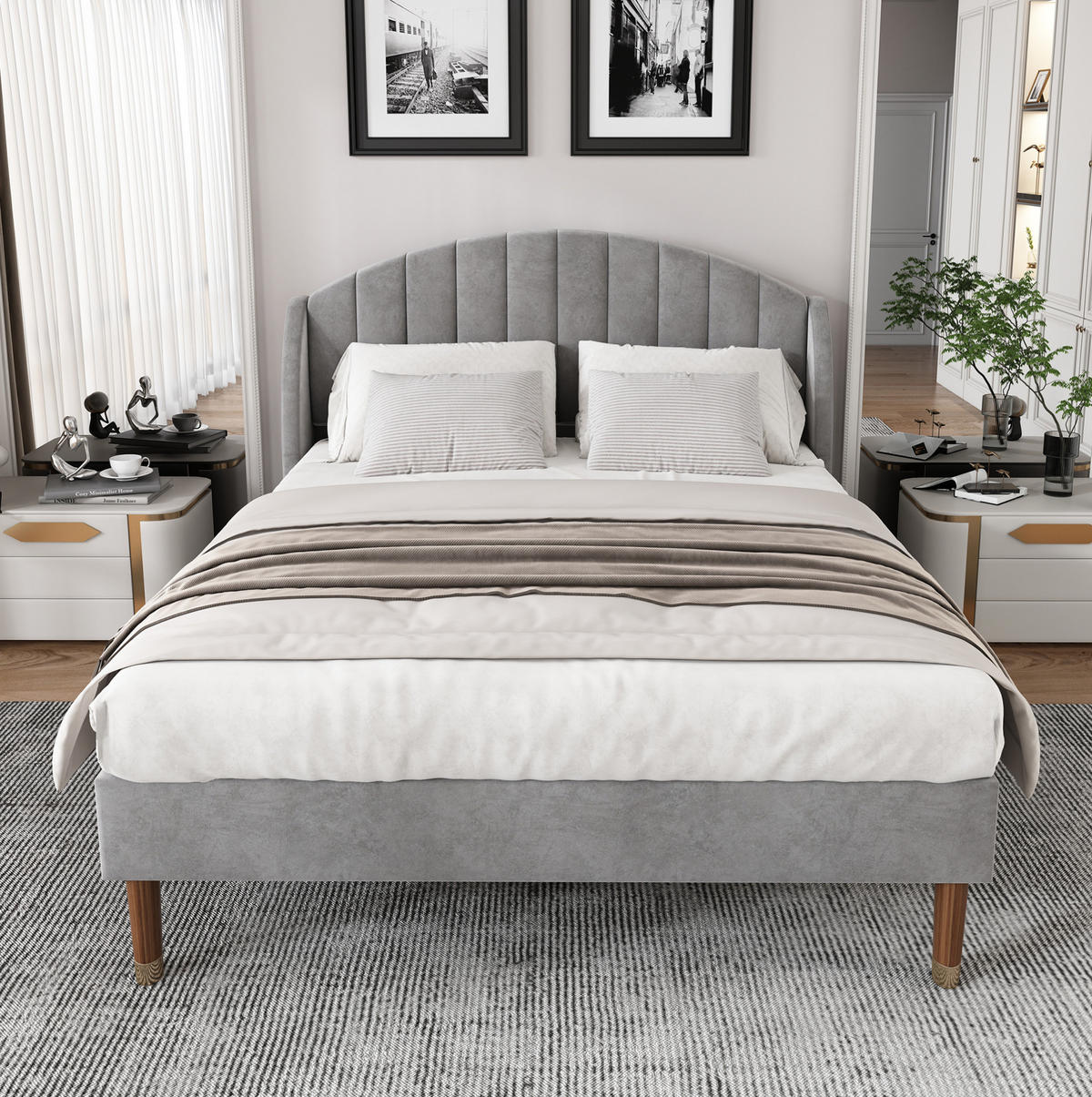 POLSTERBETT 140/200 cm Grau mit Samt und Lattenrost gepolstertes Kopfteil - Grau, Textil (140/200cm) - OKWISH