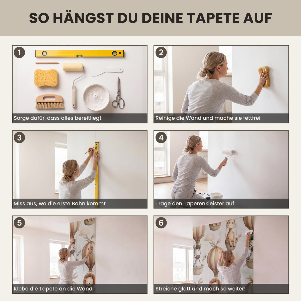 KINDERTAPETE - Safari - Heißluftballons - Taupe - 350x280 cm - Beige, Papier (350/280cm) - OnlyWow