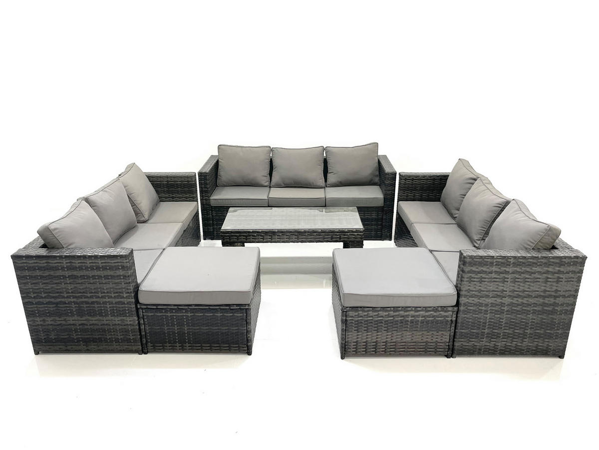 GARTENMÖBEL COUCHTISCH SET mit Sofa Polyrattan Outdoor 11-Sitzer - Dunkelgrau/Grau, Glas/Kunststoff - Fimous