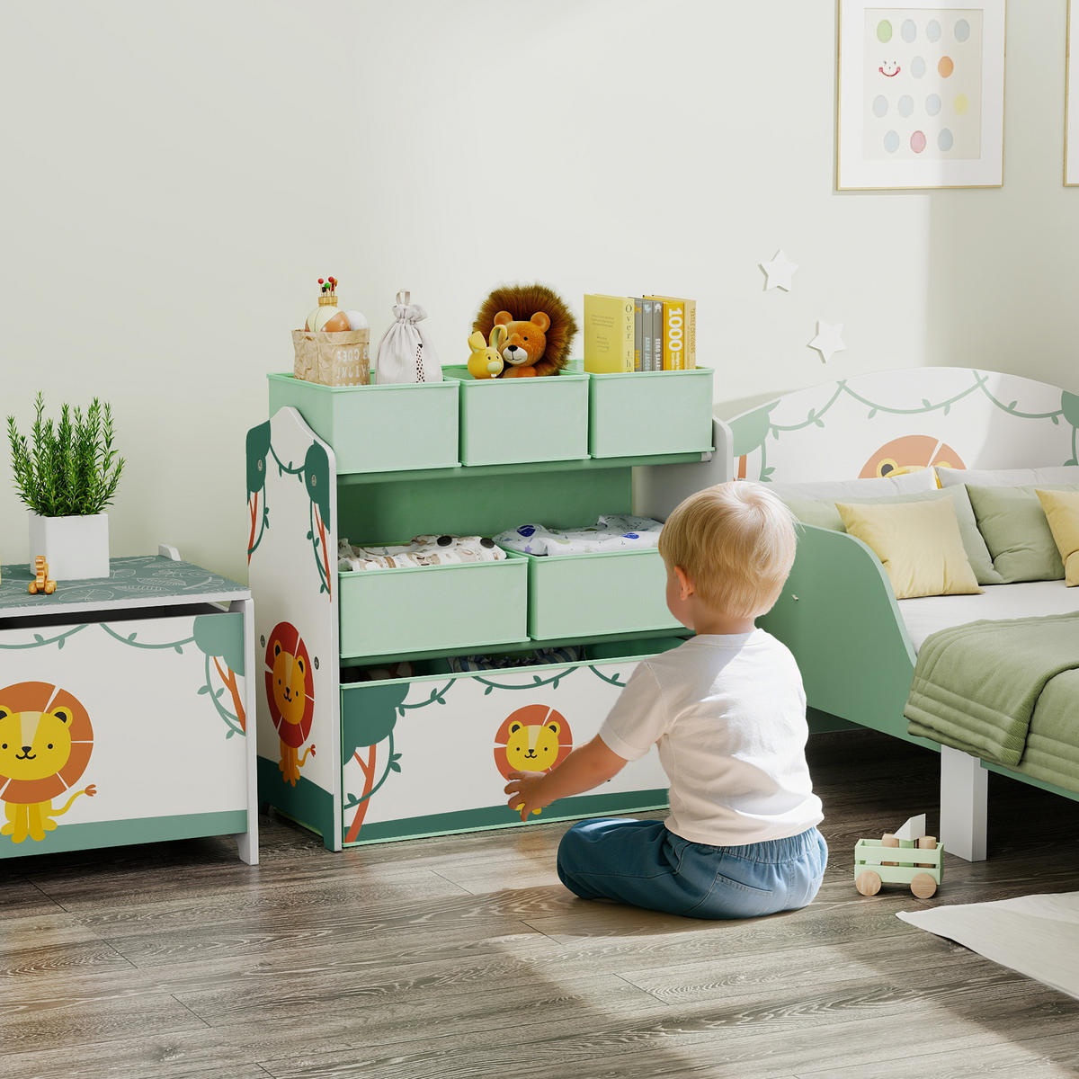 KINDERREGAL DE-17258 3 Ebenen & 6 herausnehmbare Stoffboxen Grün - Grün, Holzwerkstoff (63/66/30cm) - ComfortXL