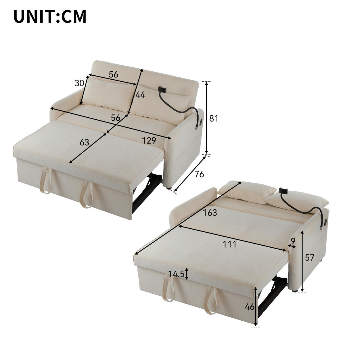 SOFA od chenille tkanine, 129/163/81 cm bež, na razvlačenje s USB-om - bež, tekstil (129/81/76cm) - BEAOK