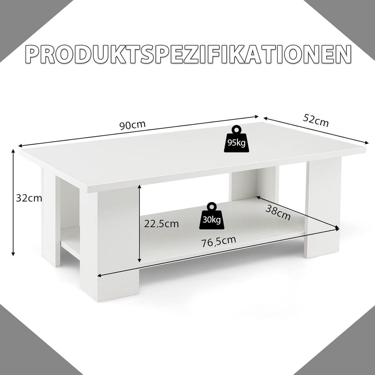 COUCHTISCH Weiß - Weiß, Holz (90/52/32cm) - COSTWAY