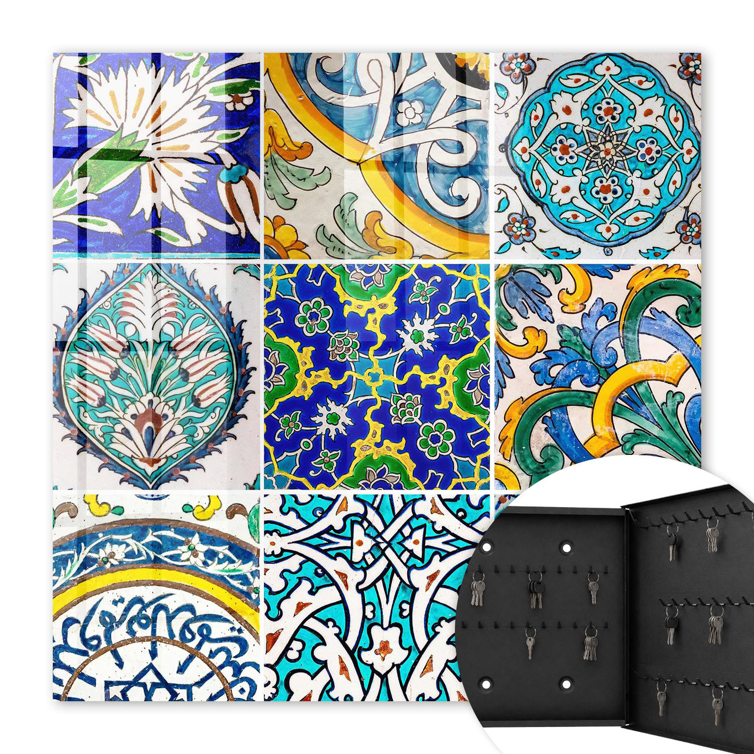 SCHLÜSSELBOX Schwarz 30x30 cm- Türöffnung nach rechts - Bunte Muster - Blau, Metall (30/30/5cm) - TULUP