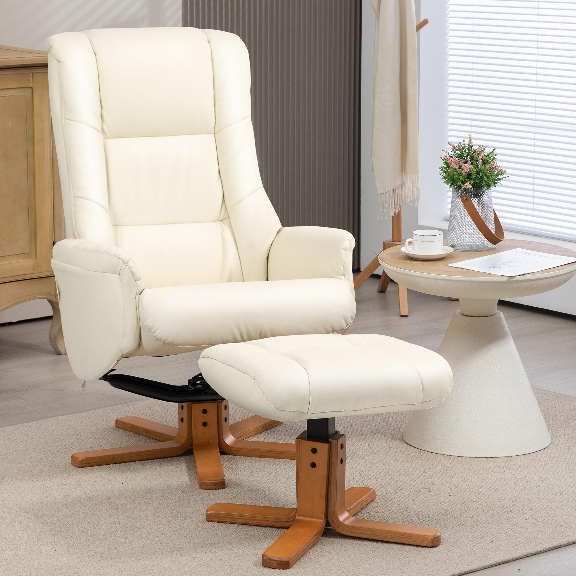 RELAXSESSEL mit Hocker, Fernsehsessel - Creme/Weiß, Holz/Kunststoff (84/102/71cm) - HOMCOM