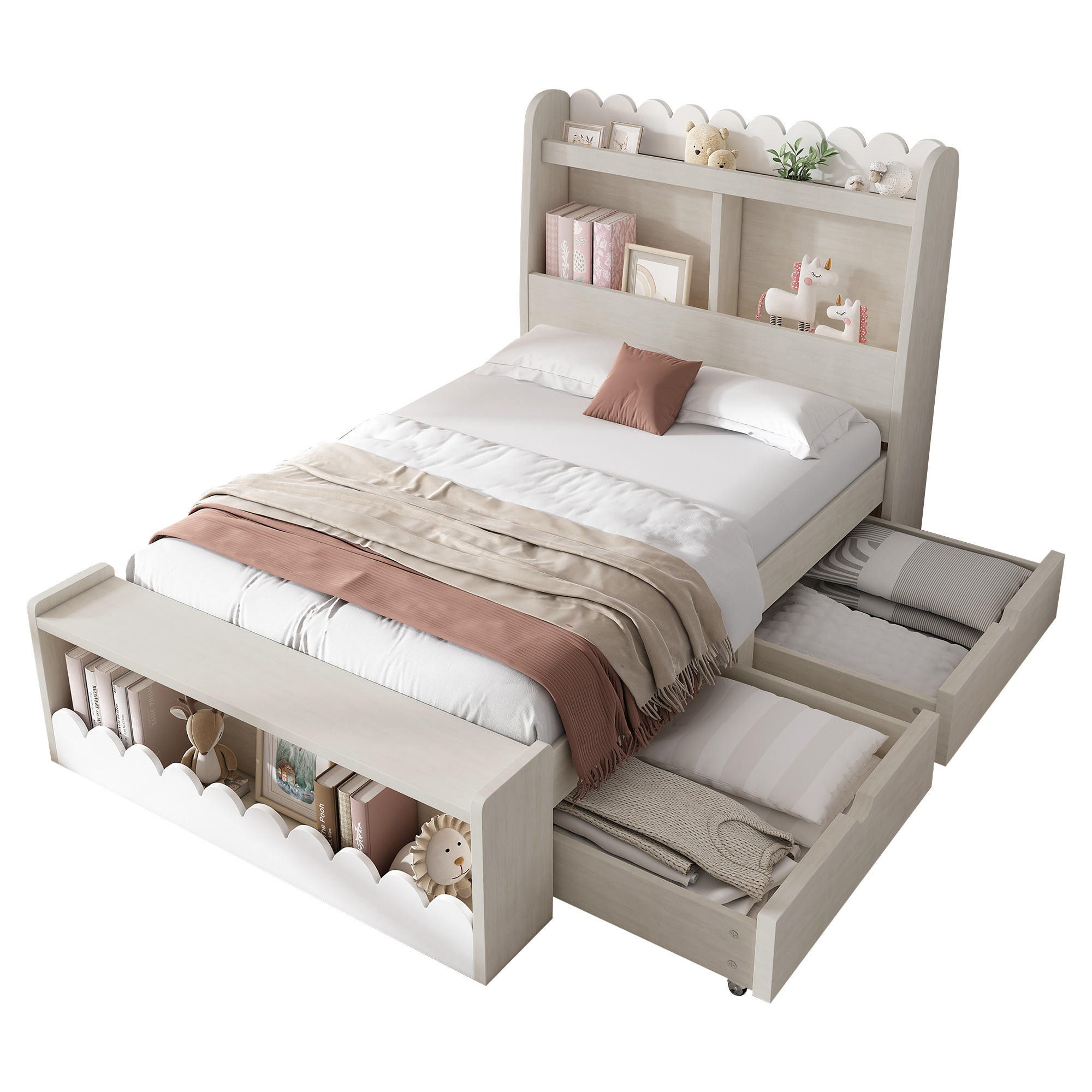 KINDEREINZELBETTEN aus Massivholz & MDF 90x200 cm in Beige mit Schubladen & Regal - Beige, Holzwerkstoff (90/200cm) - Modfu