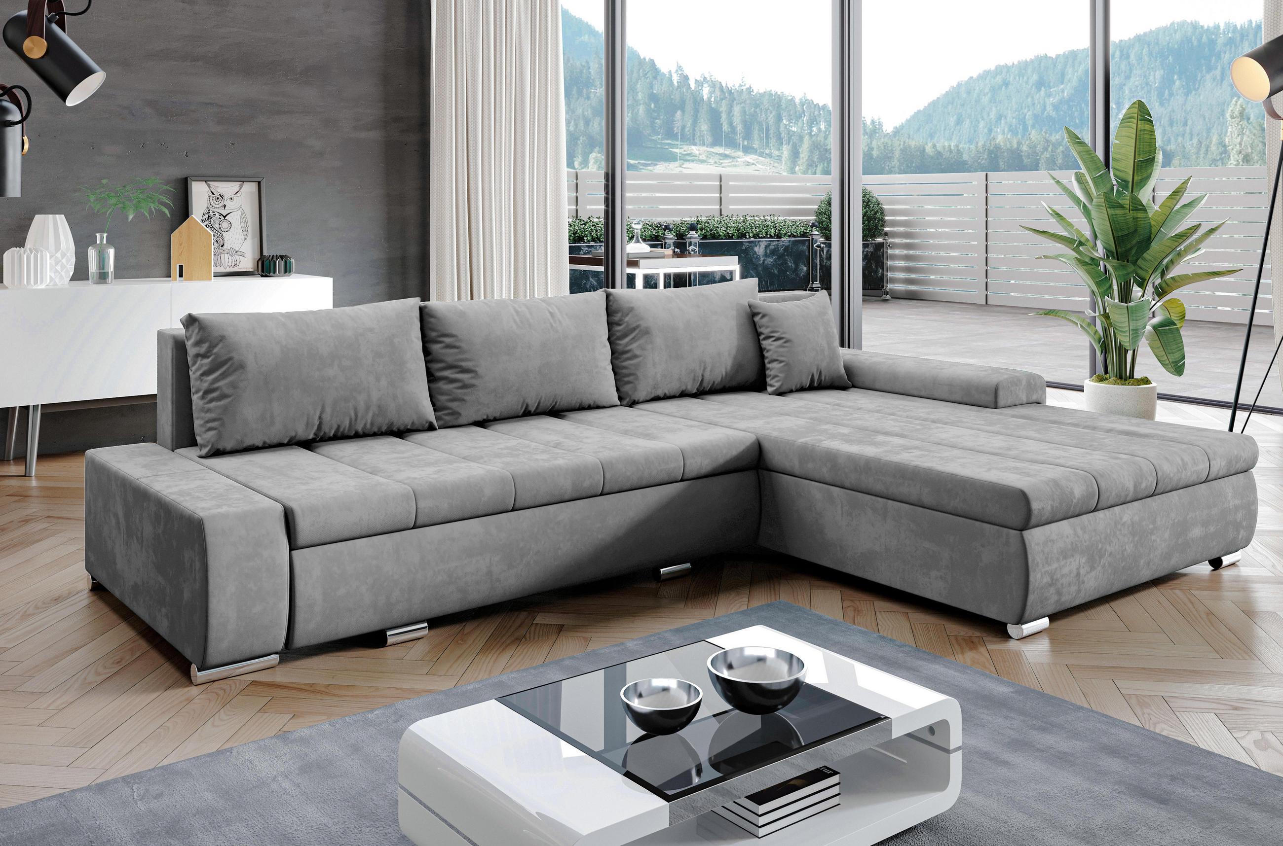 ECKSOFA L Form Tunceli Grau 297/210/85 cm – modernes Sofa fürs Wohnzimmer - Silberfarben/Hellgrau, Textil/Metall (297/210cm) - AX Living