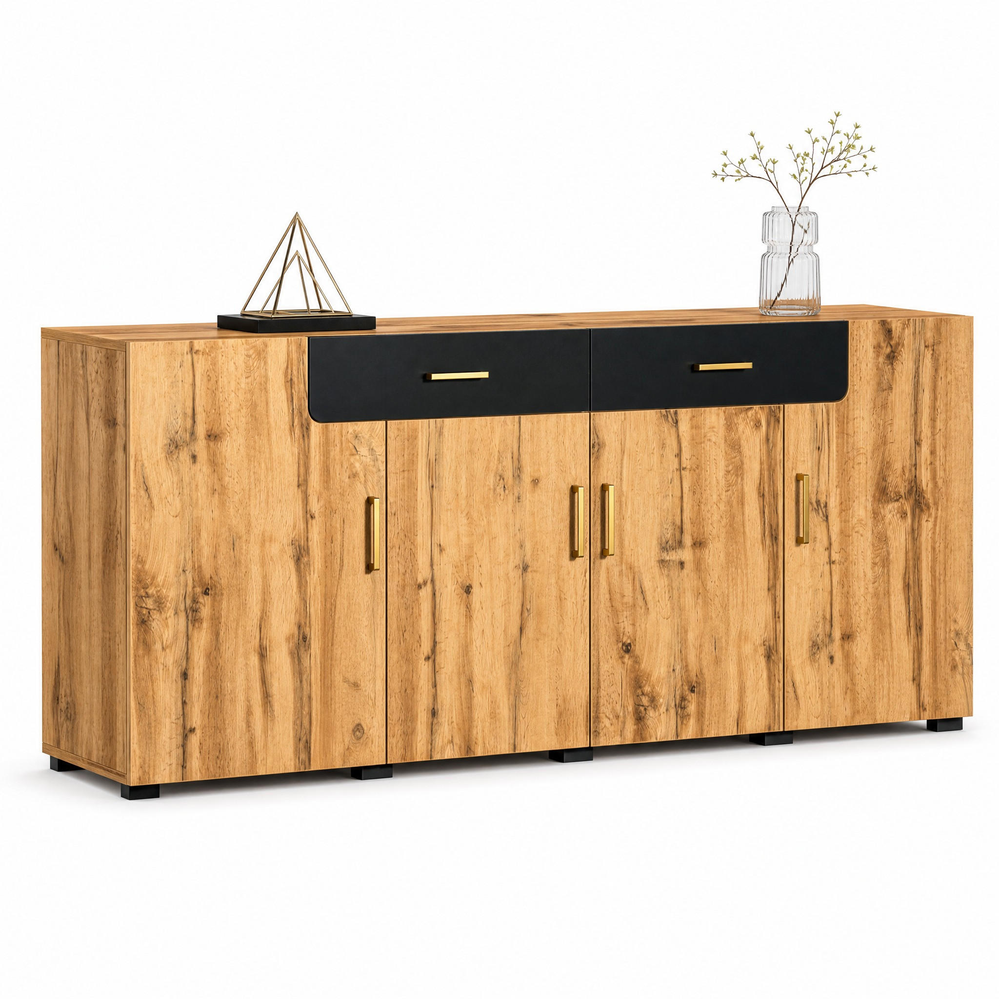 KOMODA hnedá kuchynská so 4 dvierkami a 2 zásuvkami, Š208/H39,5/V80 cm - hnedá/čierna, drevo/kompozitné drevo (208/80/39.5cm) - STILVORA